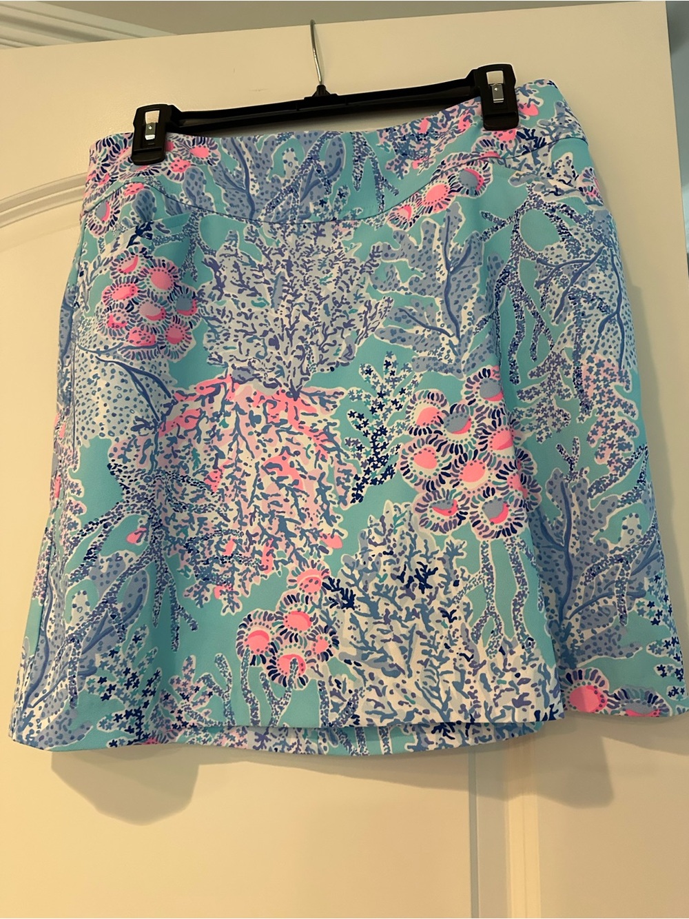 Lilly Pulitzer Aqua Coral-Print Skater Skirt in Pink & Blue